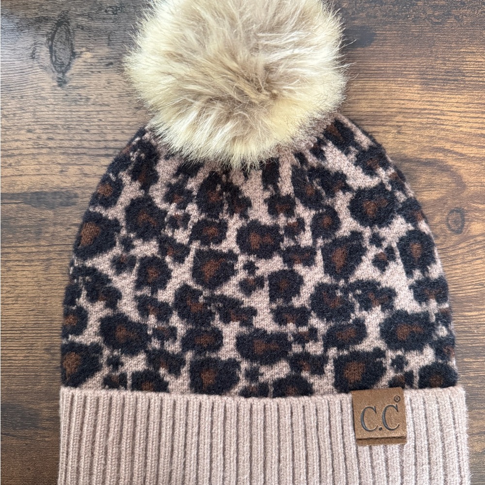 C.C Leopard Print Beanie with Faux Fur Pom